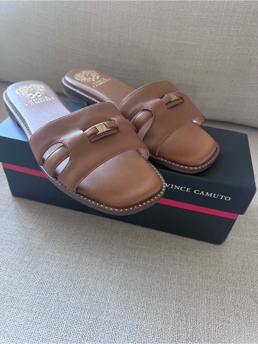 Vince Camuto Cognac Leather Padded Slide Sandals with Gold Accent - NIB